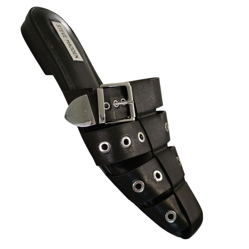 Steve Madden Ladera Black Leather Caged Grommet Buckle Flat Slide Mules 9M